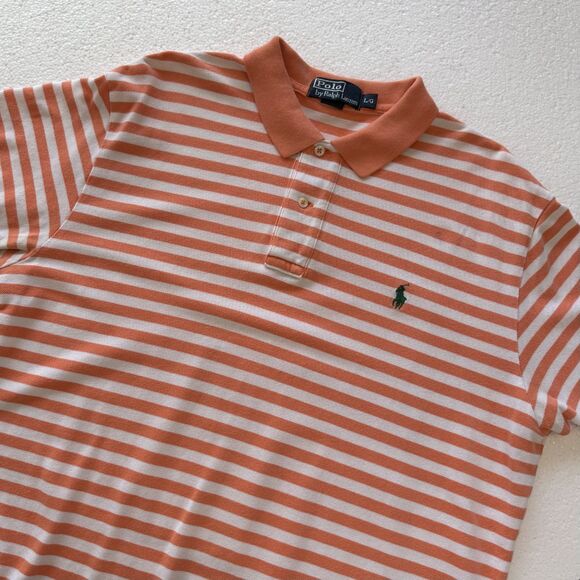 Polo Ralph Lauren Large Classic Fit Short Sleeve Casual Salmon Stripe Shirt - Picture 1 of 9